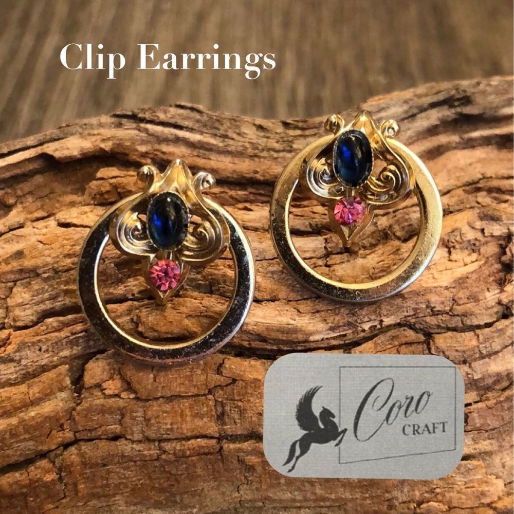 CORO Vintage Screw Back Clip Earrings Circle Gems